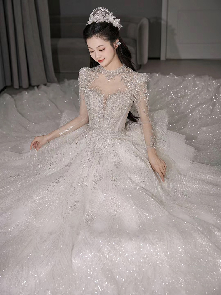 Long -sleeved light wedding dress 2024 new main yarn high -level texture French large size small, high -definition heavy worker fat mm Long -sleeved light wedding dress 2024 new main yarn high -level texture French large size small, high -definition heavy worker fat mm