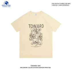 Chaonan Studio Hand-Painted Floral Print Regular Shoulder Short-Sleeve T-Shirt for Men and Women, Trendy Retro Loose-Fitting Versatile Couple's Top