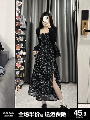 Длинная юбка, комплект, черное летнее платье, французский стиль, цветочный принт