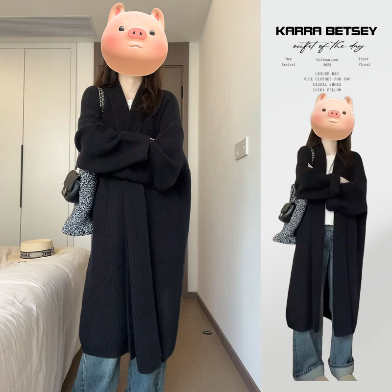 2026 New Black Long Sweater Coat Knitted Cardigan for Women Autumn and Winter Korean Style Lazy Loose Outerwear Coat