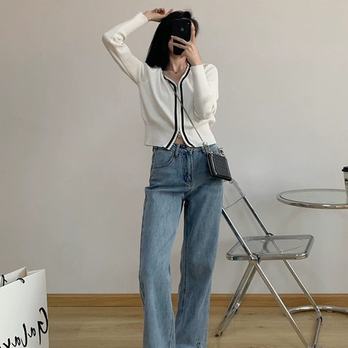 Весенний осенний черный тонкий свитер, куртка, трикотажный лонгслив, кардиган, изысканный стиль, V-образный вырез