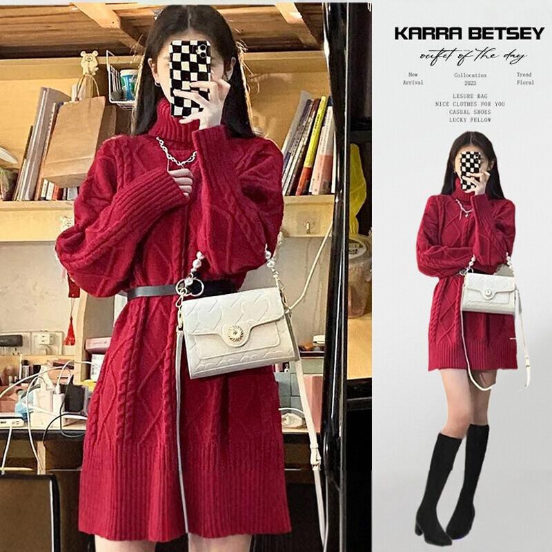 2026 New Style Red Knitted Long-Sleeve Dress for Petite Women, Suitable as an Inner Layer for Autumn and Winter Coats, Sweater Dress