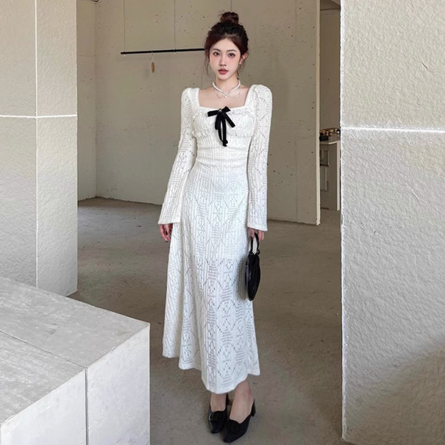 2024 early spring new style petite fragrant white dress women's coffee break French square collar temperament long dress