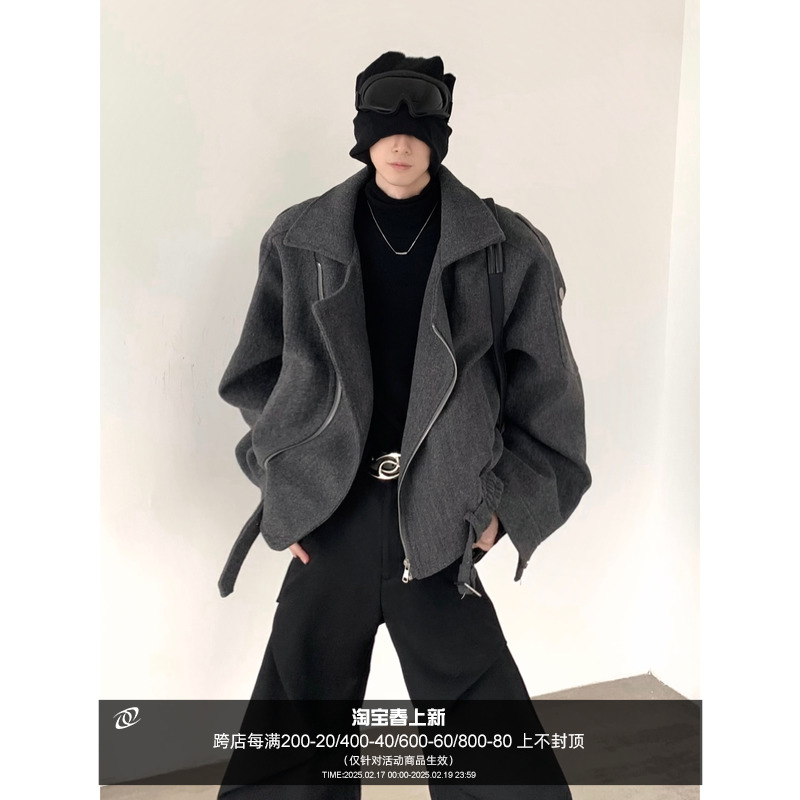 Qiushanfeng/Niche 解体高級グレーウールコート メンズ 冬 ウールコート ウエスト ショートジャケット