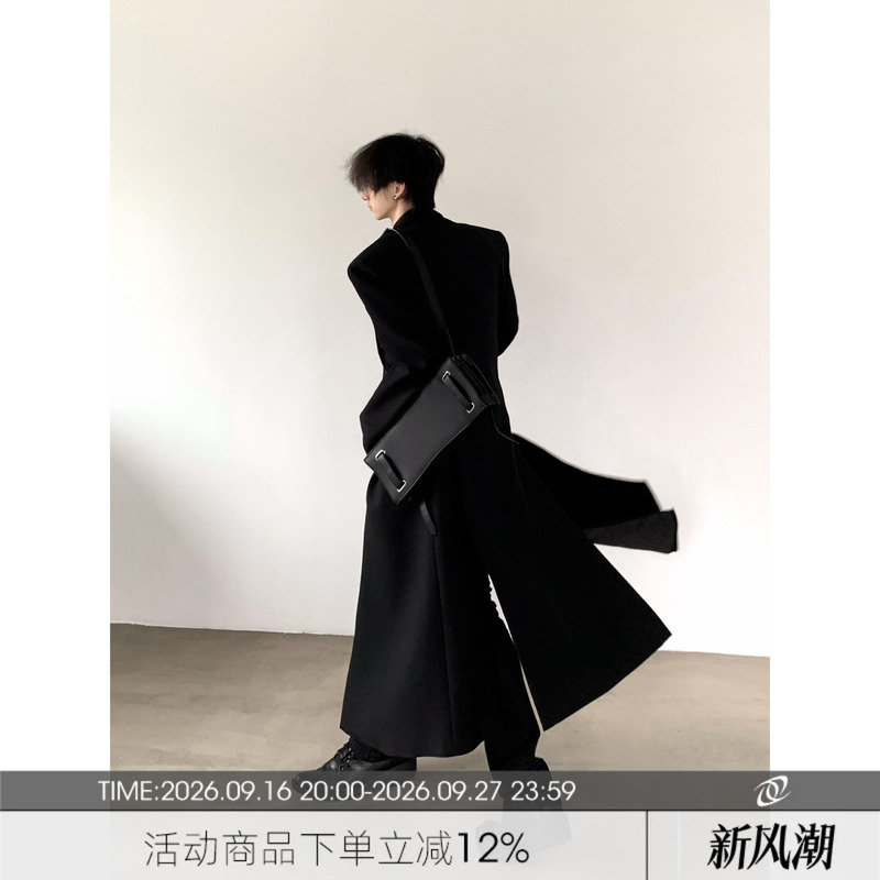 Autumn Mountain Wind/Dark Knight Slim Fit Waist-Cinching Shoulder-Padded Black Coat Men's High-End Long Trench Coat Blazer Autumn Mountain Wind/Dark Knight Slim Fit Waist-Cinching Shoulder-Padded Black Coat Men's High-End Long Trench Coat Blazer
