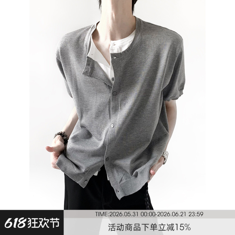 Autumn Mountain Style/Unique Old Money Cleanfit Fake Two-Piece Henley Collar Short Sleeve Men's Summer Design Knit T-Shirt