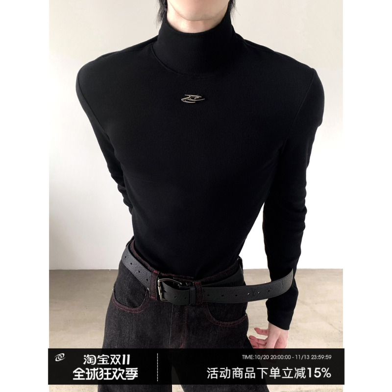 Autumn Mountain Style/Unique Fashionable Metal Design High-Neck Base Shirt for Men, High-End Feel, Regular Shoulder, Slim Fit, Heavyweight T-Shirt for Layering