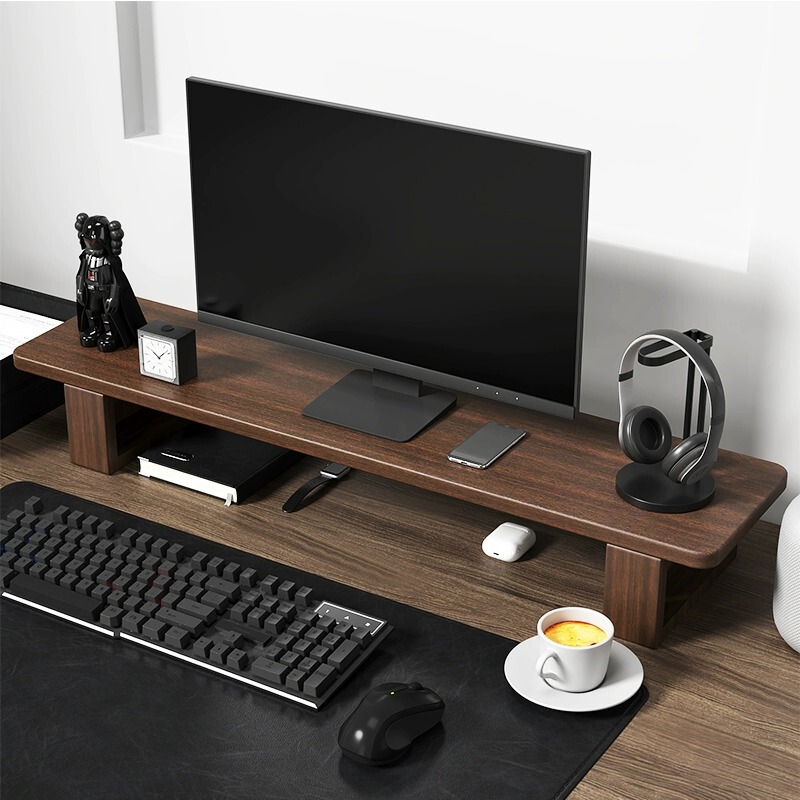 Solid Wood Computer Monitor Riser Walnut Elevated Base Desk Keyboard Storage Rack Desktop Organizer