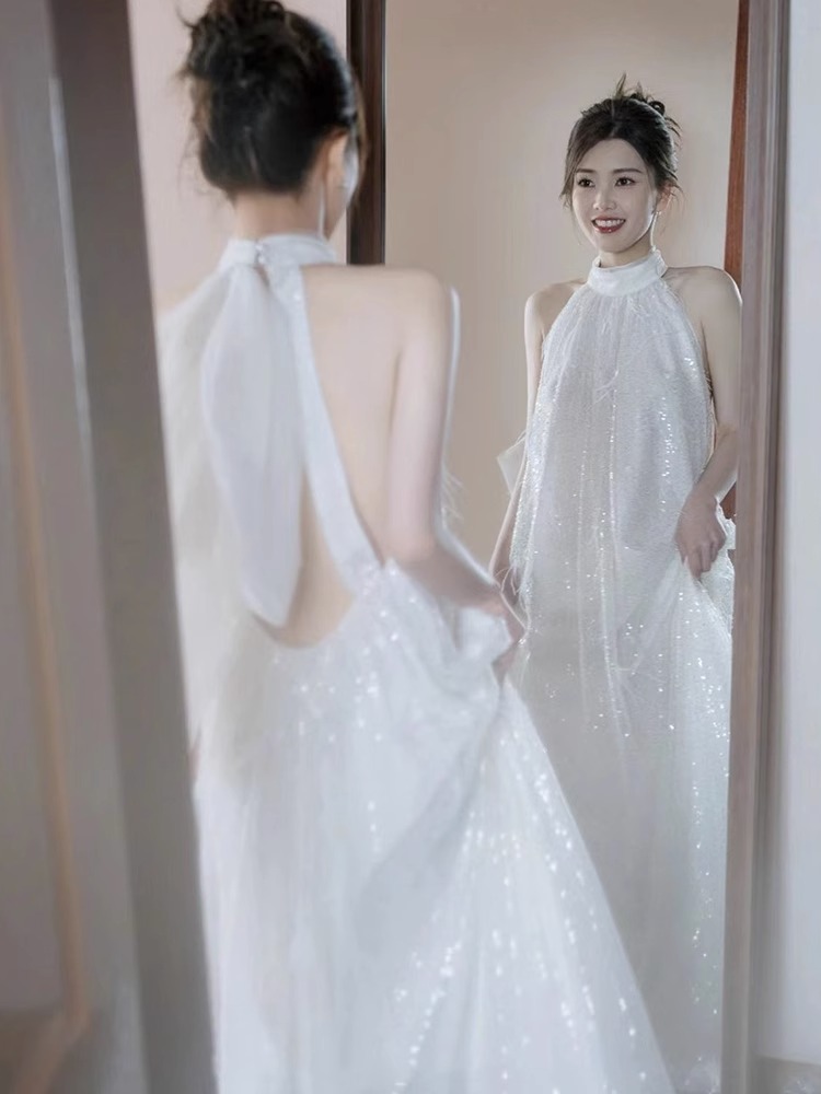 White wedding dress, elite evening dress, Chinese style, backless
