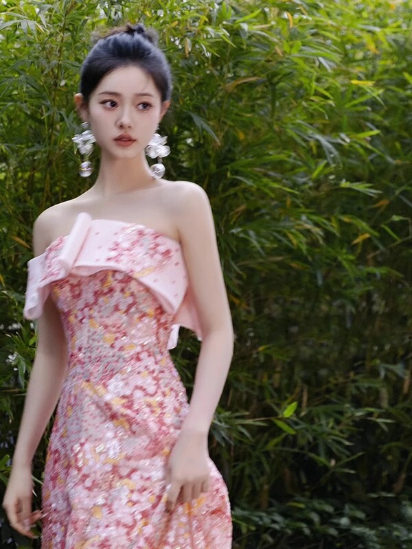 2026 New Style Morning Gown for Toasting, Homecoming Outfit, Bridal Banquet Engagement Dress, Off-Shoulder Pink Floral Dress