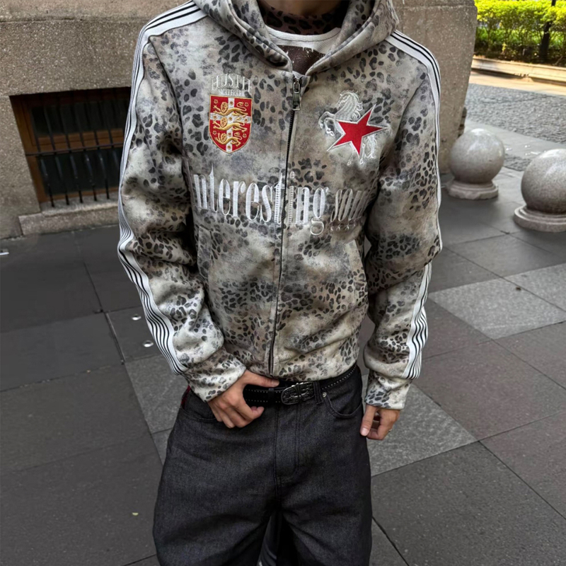 Skatepark "Red Star Sherpa" Leopard Print Hooded Autumn Short Wide 330g Heavy Embroidered Zipper Jacket Skatepark "Red Star Sherpa" Leopard Print Hooded Autumn Short Wide 330g Heavy Embroidered Zipper Jacket