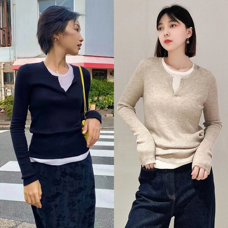 202 new fake two-shirt autumn new product collar workout bottom shirt 100 hitch 3 fall piece wool woman 23 winter round and lean-Taobao