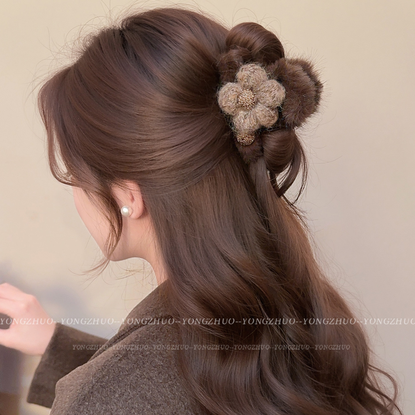 Large Brown Floral Plush Hair Clip for Women, Suitable for Thick Hair, Korean Style Hair Accessory