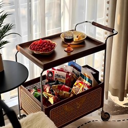 Used Solid Wood Trolley with Rattan Weaving, Stainless Steel Wheels, Dining Cart, Mobile Side Table, Storage Sofa, Storage Rack