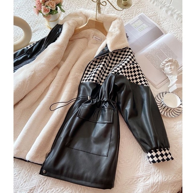 Big brand cut label discount special price clearance pu leather jacket women plus velvet thickened warm stitching checkerboard leather cotton clothing