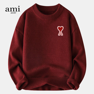 Ami Aiedr Official Red Sweater for Men and Women, Spring and Autumn Lazy Style Knitwear, Christmas and New Year Loose-Fitting Couple Outfit