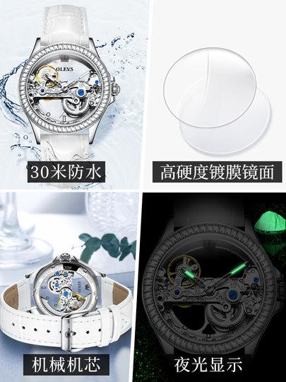 瑞士欧利时透明手表女白皮带镂空机械表女款女士腕表个性时尚女表