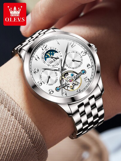 瑞士欧利时全自动纯机械手表男数字款钢带镂空陀飞轮腕表月相男表