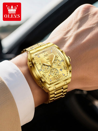 瑞士欧利时品牌酒桶型手表男石英腕表男士多功能金色方表防水金表