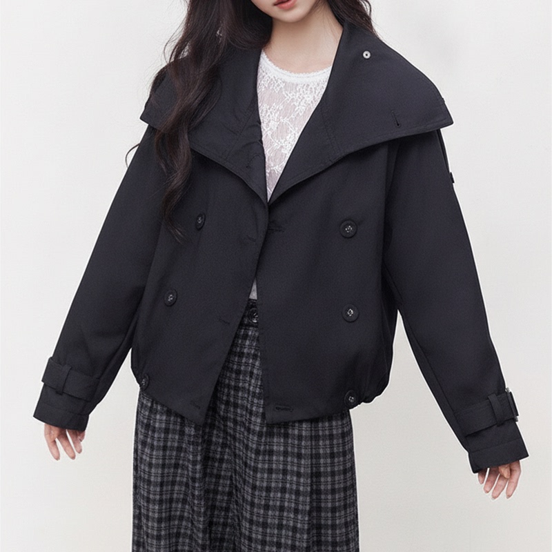 Early Autumn Stylish Black Short Trench Coat with Stand Collar and Double-Breasted Design for Women, 2026 New Model for Petite Figures Early Autumn Stylish Black Short Trench Coat with Stand Collar and Double-Breasted Design for Women, 2026 New Model for Petite Figures