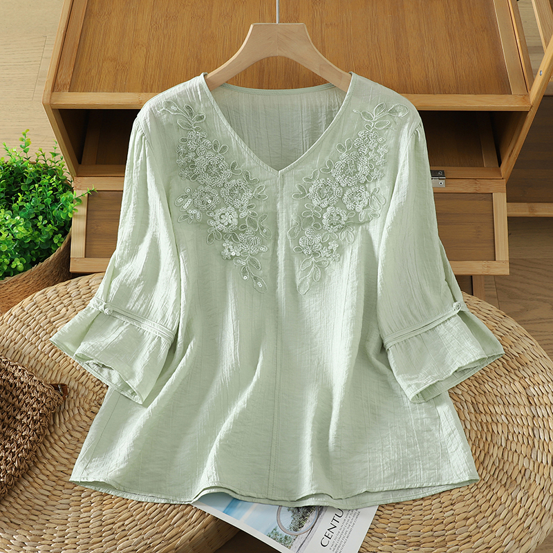 High-End Chic Sequined 3D Embroidered Ramie Shirt for Women, Summer Plus-Size Thin Linen Bell-Sleeve Top
