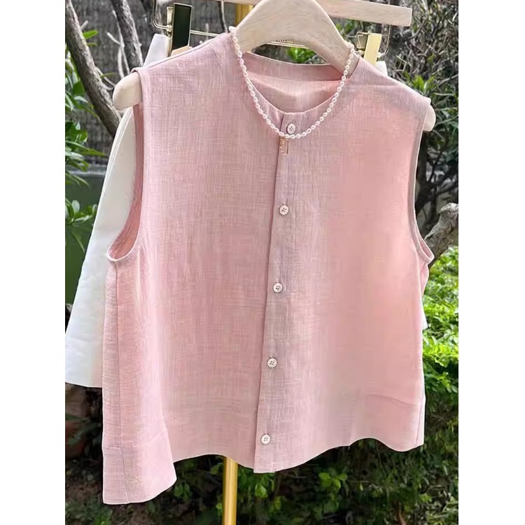 High-End Pink Cotton and Linen Vest Shirt for Women, Summer Light Luxury Age-Reducing Vest, Loose Thin Linen Sleeveless Top