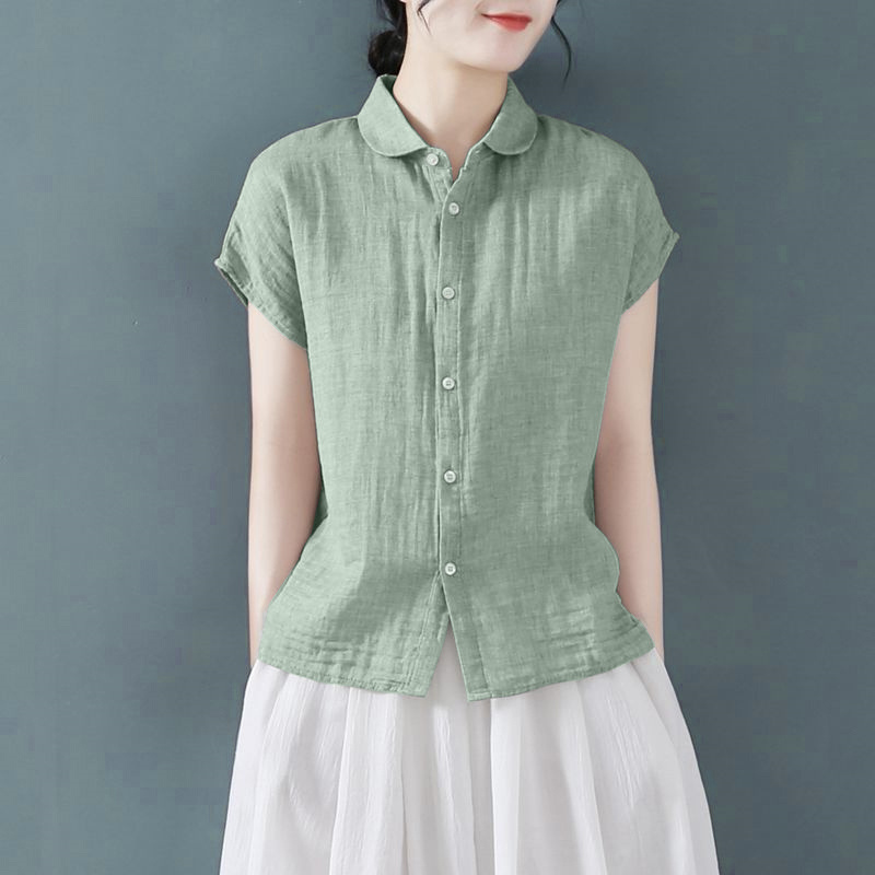 Foreign Trade Export Cut-Label Solid Color Linen Short-Sleeve Shirt for Women, Summer Elegant Casual Top, Loose and Slimming Cotton-Linen Shirt