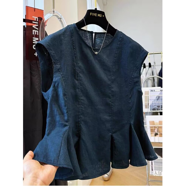 High-End Western Style Linen Sleeveless Vest Shirt for Women Summer Loose Pure Color Ruffled Hem Cotton and Linen Waistcoat Top