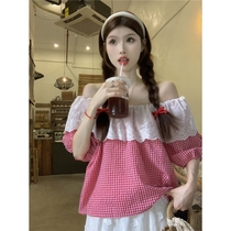 Summer new style womens retro one-line collar lotus lace red plaid design puff sleeve slimming shirt