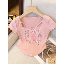 Pure lust style sweet inner square collar short-sleeved T-shirt for women summer new Korean style slimming short top for age reduction and slimming