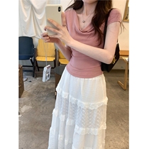 Korean style fashionable swing collar summer hot girls wear short-sleeved T-shirts for women 2024 new one-shoulder waist slimming tops