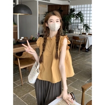 French style fungus-edged stand-up collar small flying sleeve shirt womens summer short loose babydoll shirt ruffled top