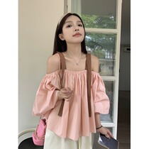 大码粉色一字肩短款衬衫女2024夏装设计感系带小衫显瘦减龄娃娃衫