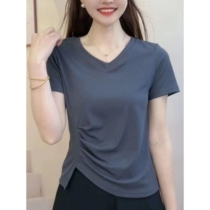 纯棉女士短袖v领t恤女2024新款夏季百搭不规则褶皱遮肚显瘦上衣女