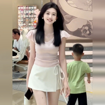 Gentle pink small flying sleeve short-sleeved T-shirt for women in summer 2024 new hot style unique and unique short-sleeved top