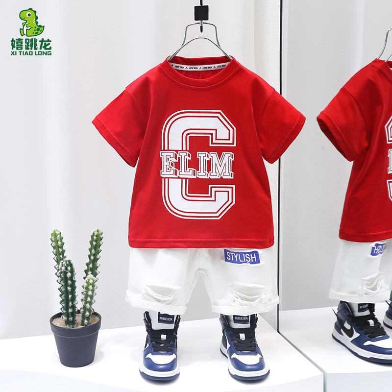 Boys summer suit 2022 new children's western style tide brand clothes boy net red fashionable short-sleeved two-piece thin set