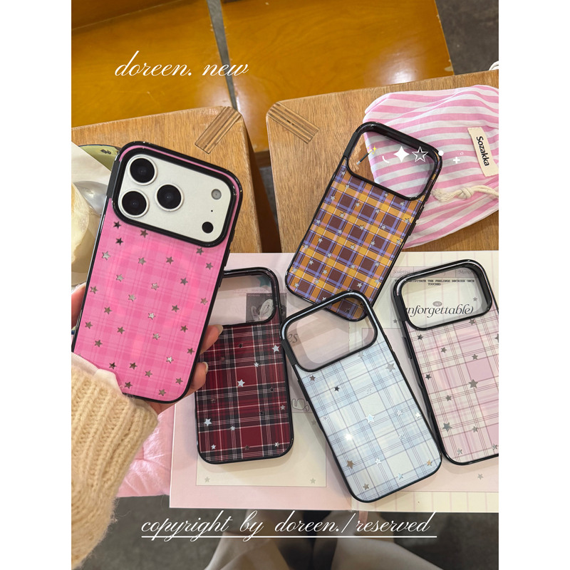 Doreen/Black Frame Mirror Magnetic Shell [Plaid Star] Korean Style Anti-Drop Acrylic Large Hole Full Coverage Phone Case 17Promax/Iphone16Pro/15