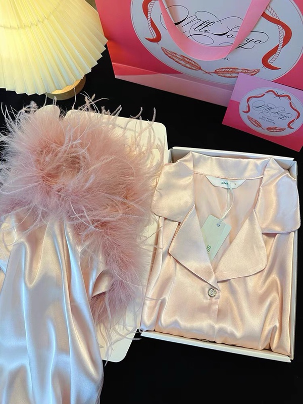 High-End Gift for Best Friend: Spring and Autumn Ice Silk Pajamas for Women with Ostrich Feather Sleeves, Elegant Robe, Loungewear, Gift Box Set