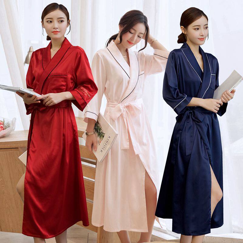 Sleepwear female summer silk thin style pyjamas long version pyjamas spring autumn ice silk summer bathrobe bridal bridal gown suit