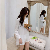 Micro transparent sexy white shirt style thin nightgown female summer simulation silk comfortable personal cool cool boyfriend wind pajamas