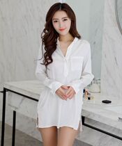 Spring and Summer Sweet Sexy simulation silk white thin nightdress female Korean Long Sleeve sex shirt pajamas can be worn outside