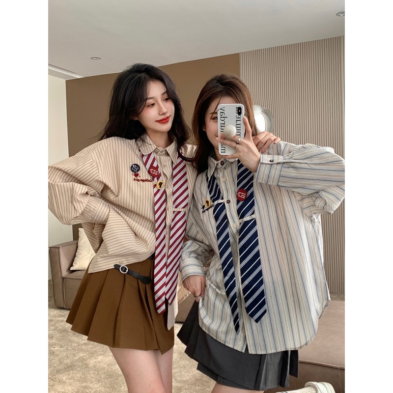 胖妹妹大码日系领带条纹长袖衬衫女2025秋冬季设计感宽松衬衣上衣