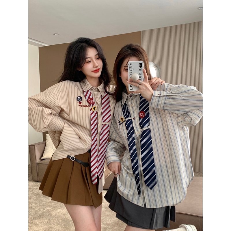 Plus-Size Japanese-Style Tie Striped Long-Sleeve Shirt for Women, 2025 Autumn and Winter Design, Loose-Fitting Blouse Top