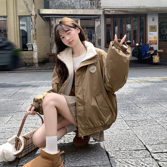 American thickened lamb plush jacket for women 2025 winter new casual all-match baseball cotton jacket