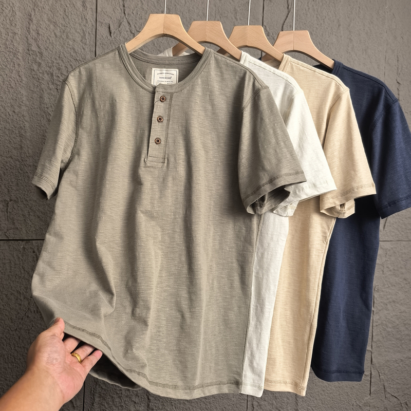 Foreign Trade $50 Henry Collar Bamboo Cotton Linen Moisture-Absorbing Breathable Spring and Summer Simple Men's Casual Short-Sleeved T-Shirt Trendy