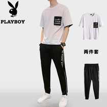 Flowers Playboy Mens casual suit Summer Ice Silk Korean version Trend Short sleeves Two set matching handsome mens clothing