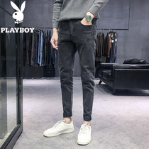 Flower Playboy jeans Mens summer workout small feet grey straight drum pants male trend 90% casual pants man