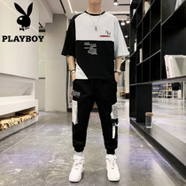 Flowers Playboy Mens Tooling Suit Summer Short Sleeve Tide Card Mens Fashion Trends Fashion Yuppie Handsome Air Casual Two Sets