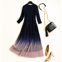 2022 new autumn and winter balloon flower French style fashion collection waist display slim temperament round collar knit sweater dress with long dress