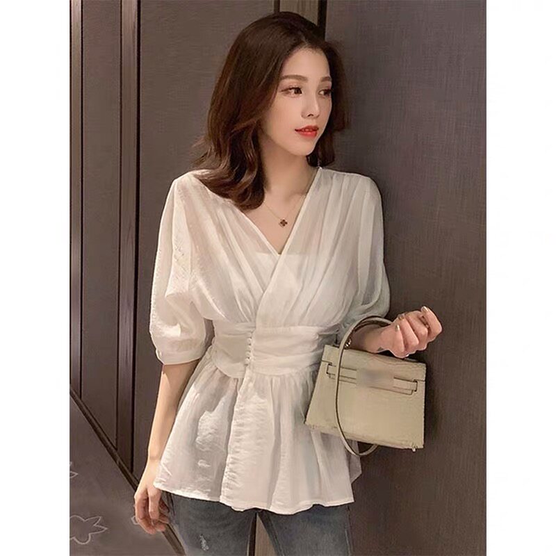 Early autumn drape chiffon white shirt fairy waist small shirt top retro Hong Kong style western style shirt women's summer